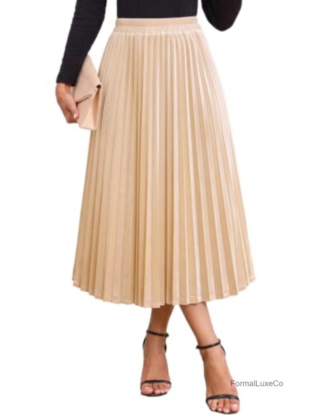 Women's Pleated Velvet Midi Skirt High Waist A-Line Fall Winter
